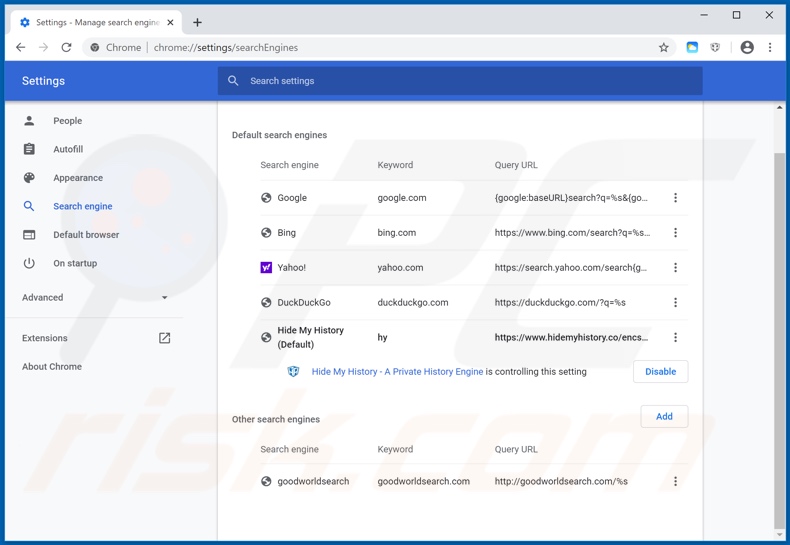 Removing hweatherdiscover.com from Google Chrome default search engine