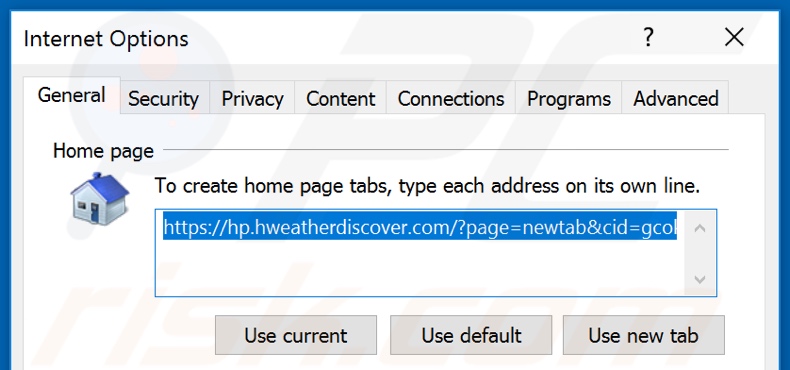 Removing hweatherdiscover.com from Internet Explorer homepage