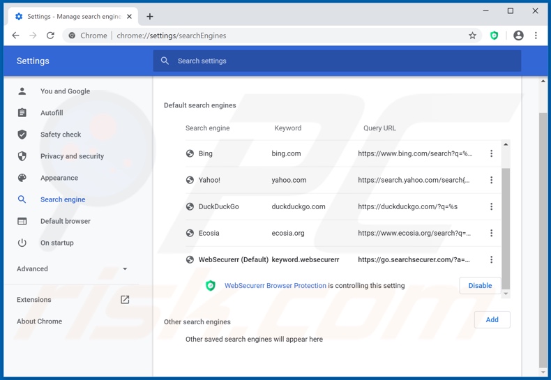 Removing searchsecurer.com from Google Chrome default search engine