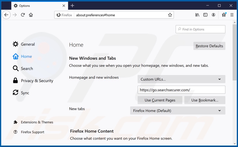 Removing searchsecurer.com from Mozilla Firefox homepage