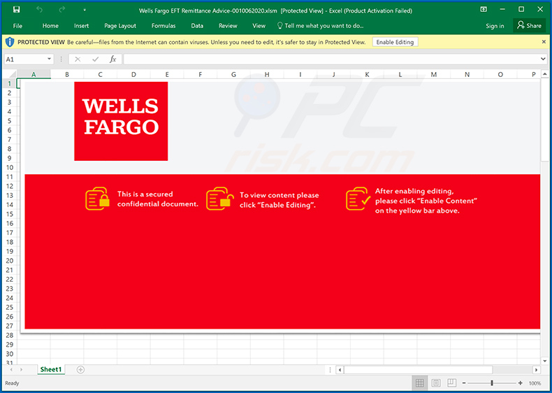 Wells Fargo-themed MS Excel document designed to inject Remcos RAT