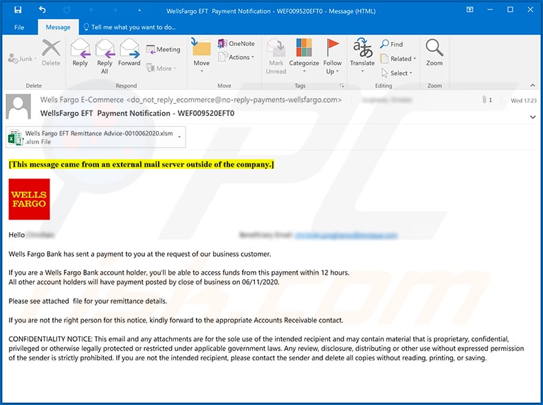 Wells Fargo spam email spreading Remcos RAT