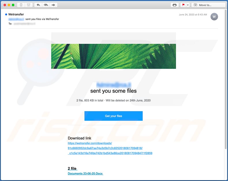 WeTransfer-themed spam email (2020-06-29)