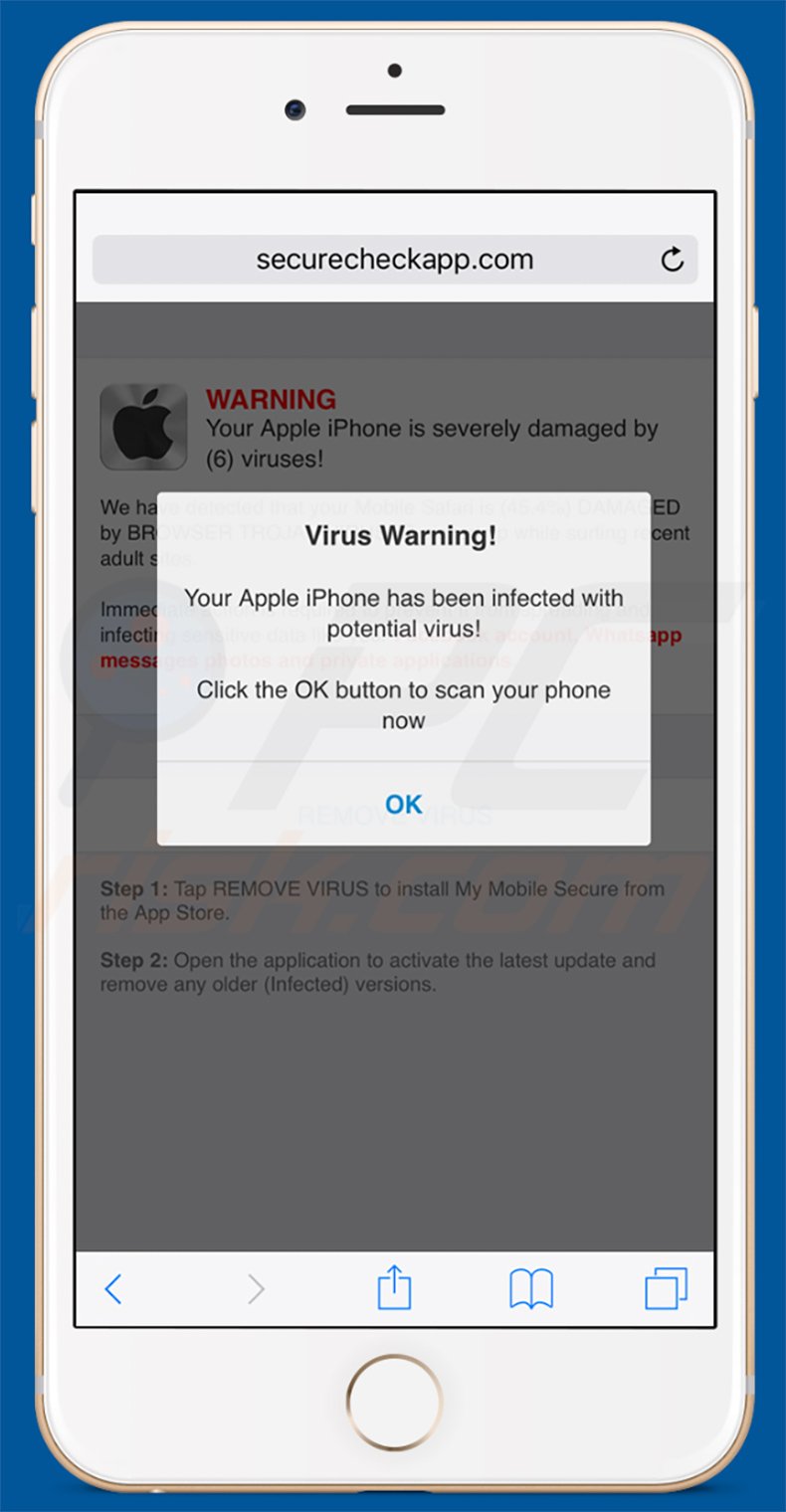 Another variant of Your Apple iPhone Is Severely Damaged by (6) Viruses! POP-UP Scam (sample 2)