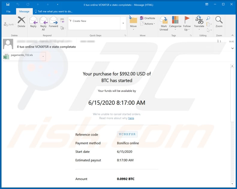 Your purchase of BTC has started malware-spreading email spam campaign