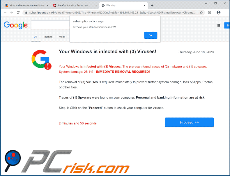 Your Windows 10 Is Infected With 3 Viruses pop-up scam (2020-06-18 - GIF)