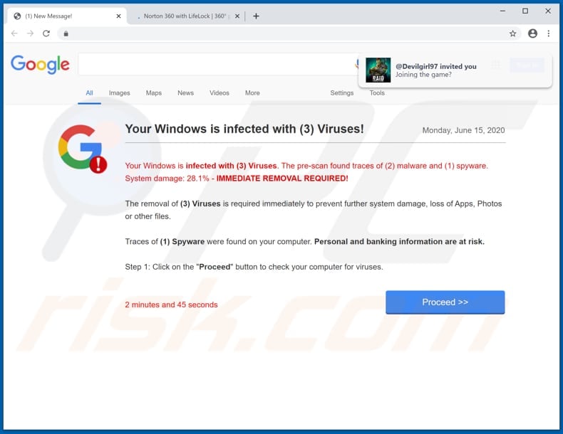 Your Windows is infected with (3) Viruses! scam