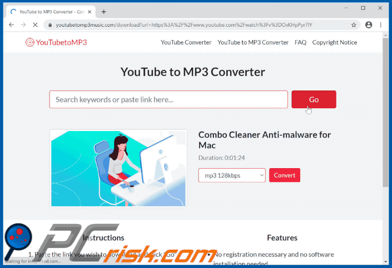 youtubetomp3music[.]com promoting Music World Search browser hijacker (gif)
