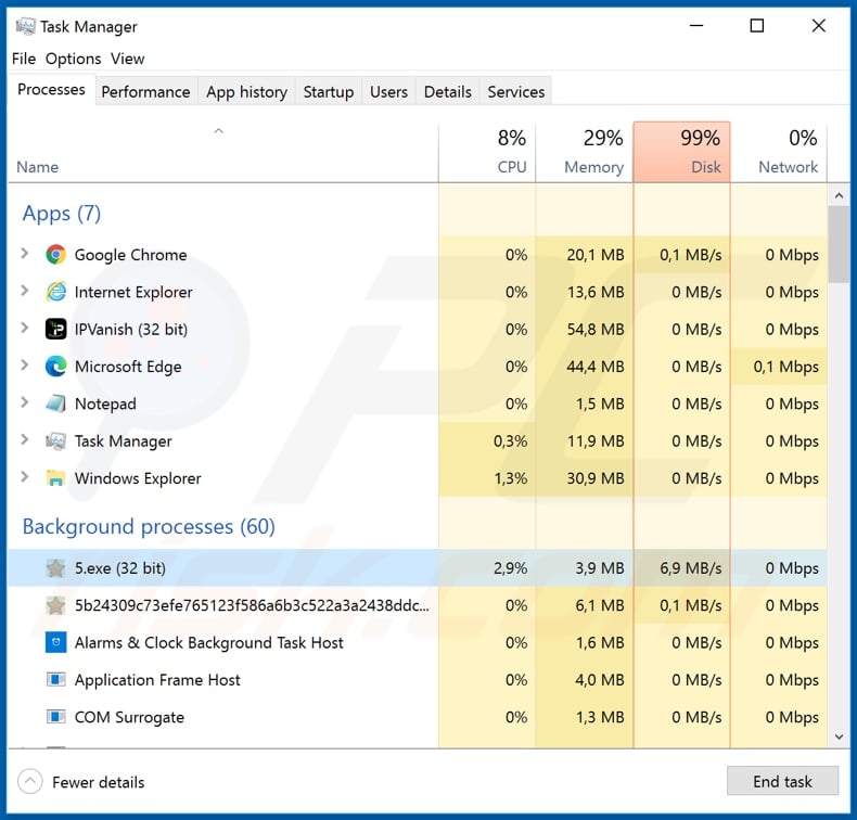 Zida ransomware process on Task Manager (5.exe)