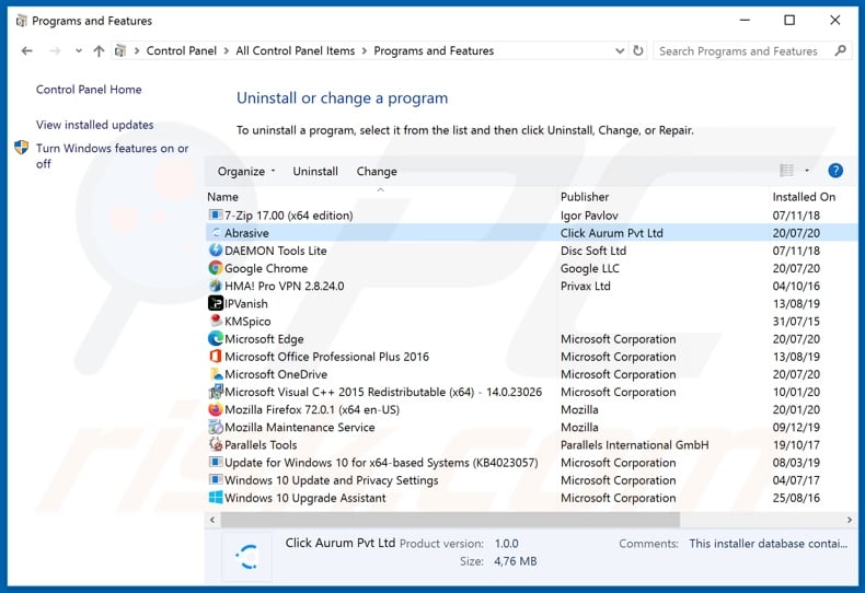 Abrasive adware uninstall via Control Panel