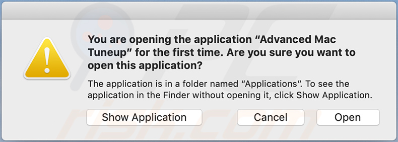 Warning displayed when trying to open Advanced Mac Tuneup PUA