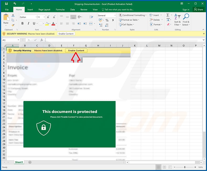 Agent Tesla RAT-distributing MS Excel document