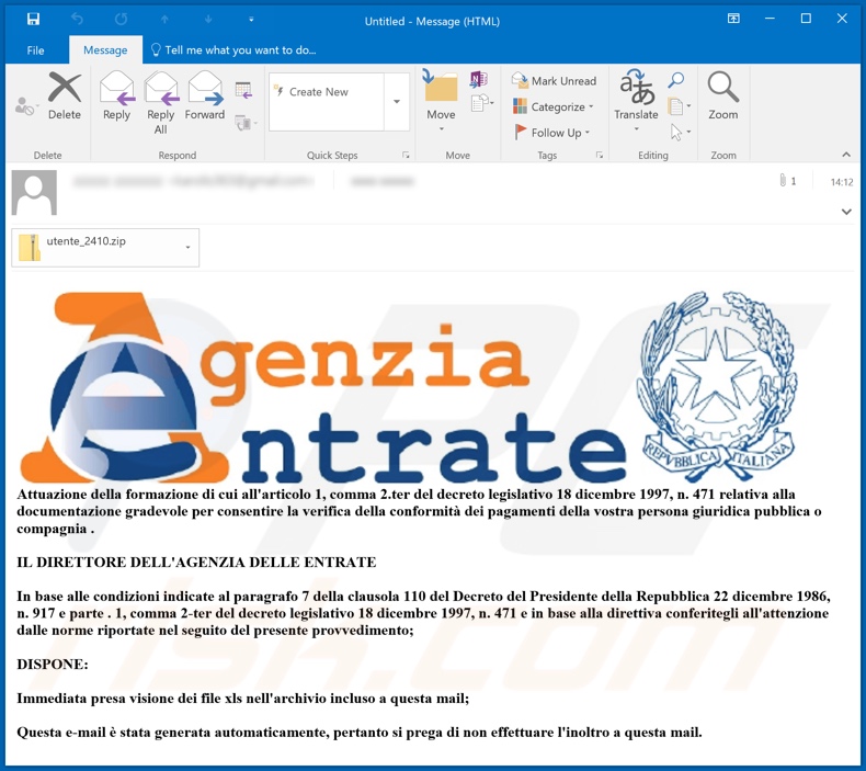 Agenzia entrate malware-spreading email spam campaign