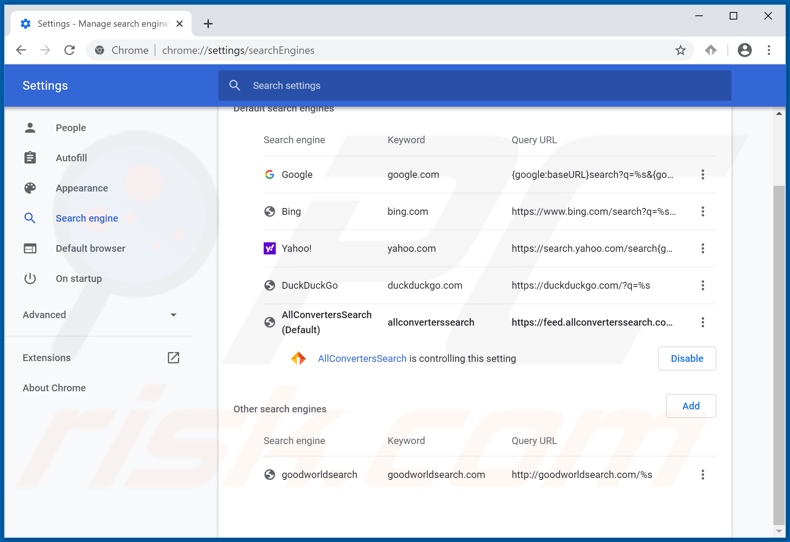 Removing allconverterssearch.com from Google Chrome default search engine