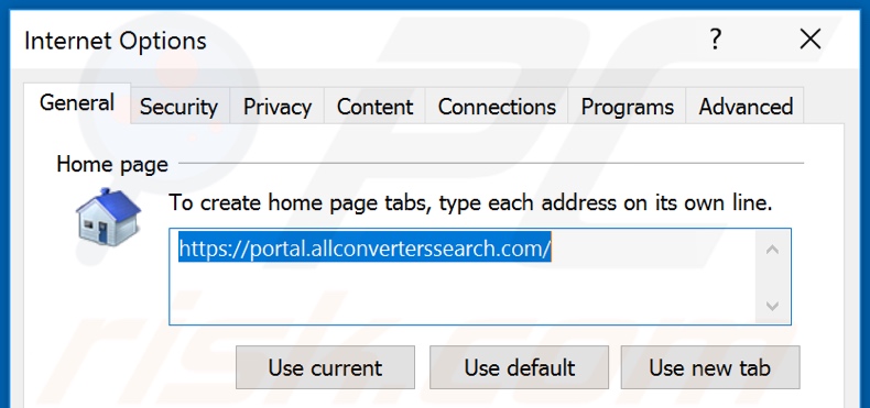 Removing allconverterssearch.com from Internet Explorer homepage