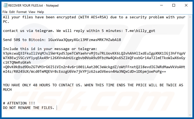 Billy's Apocalypse ransomware text file (RECOVER YOUR FILES.txt)