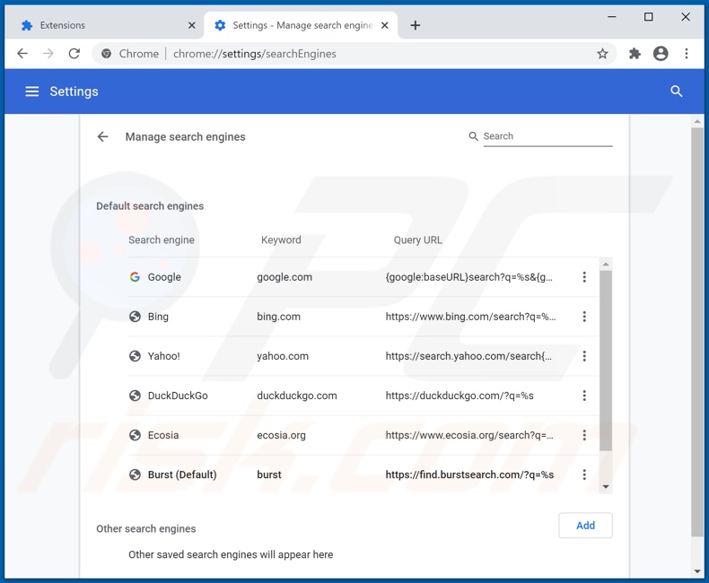 Removing burstsearch.com from Google Chrome default search engine