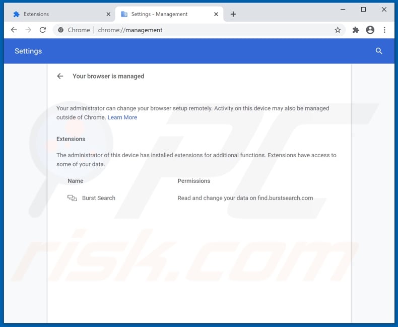 Burst Search browser hijacker managing Chrome