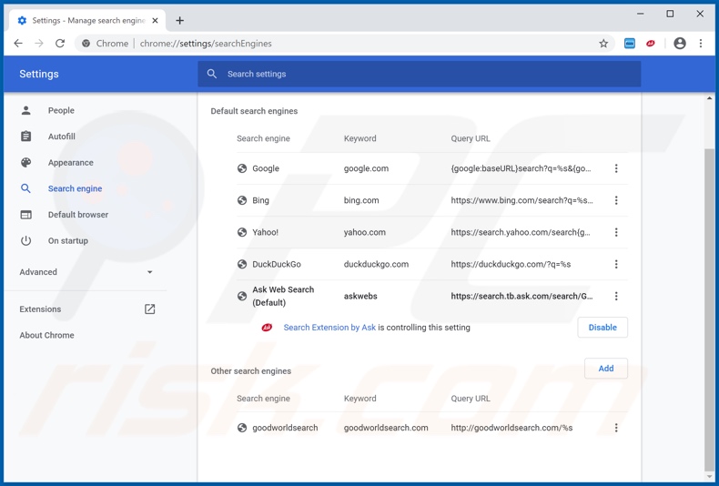 Removing hp.myway.com from Google Chrome default search engine