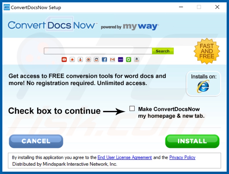 Official ConvertDocsNow browser hijacker installation setup