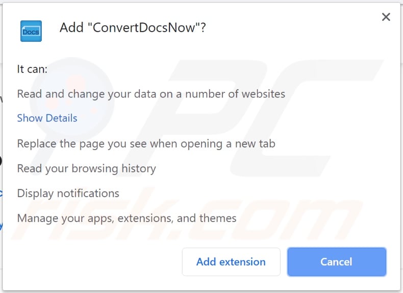 ConvertDocsNow browser hijacker asking for permissions (Chrome)