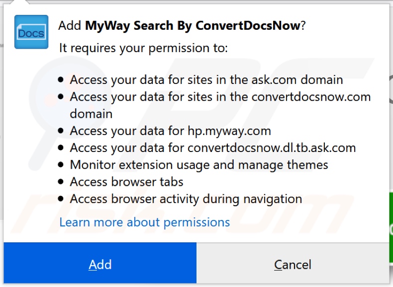 ConvertDocsNow browser hijacker asking for permissions (Firefox)