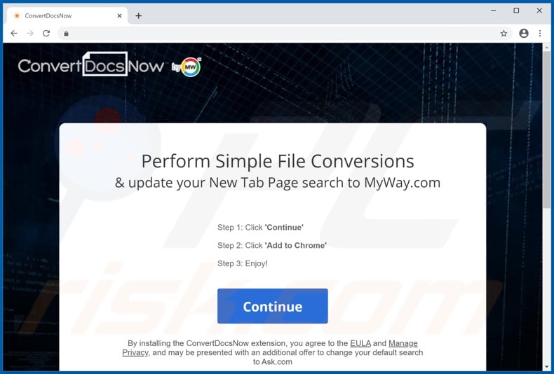 Website used to promote ConvertDocsNow browser hijacker (Chrome)