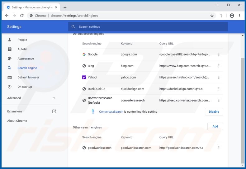 Removing converterz-search.com from Google Chrome default search engine