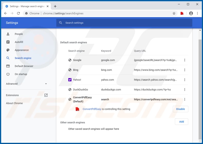Removing convertpdfeasy.com from Google Chrome default search engine