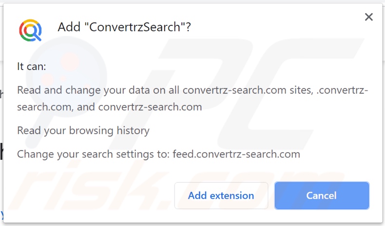 ConvertrzSearch browser hijacker asking for permissions