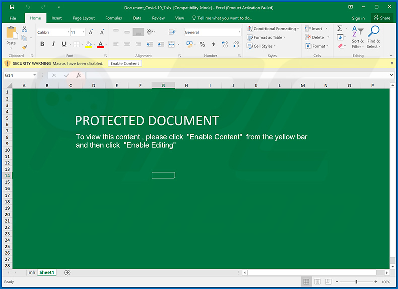 MS Excel document (distributed via Coronavirus-themed spam emails) designed to inject TrickBot trojan into the system