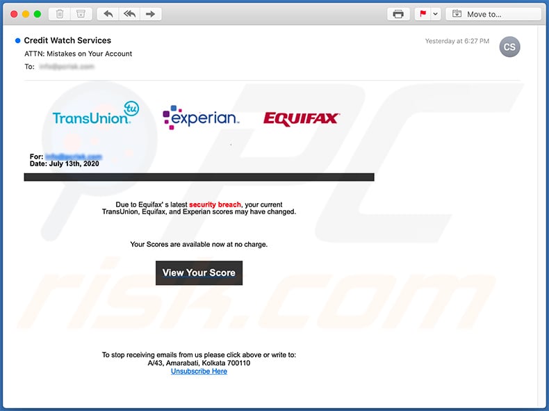 Equifax-themed spam email used to promote phishing website