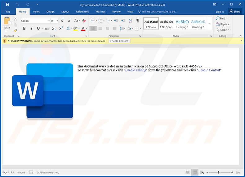 Malicious MS Word document used to inject IcedID trojan