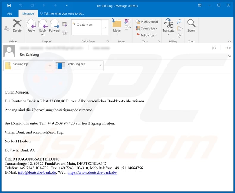 Fake Deutsche Bank malware-spreading email spam campaign