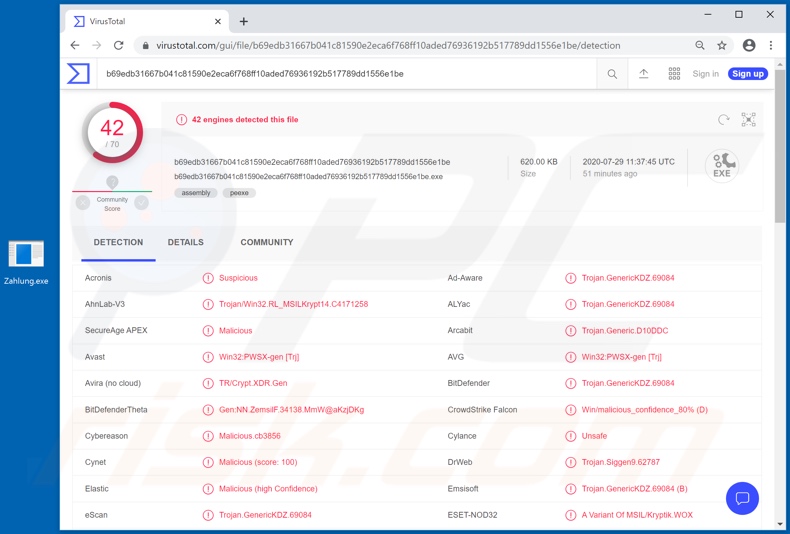 Deutsche Bank Email Virus malicious attachment (Zahlung.exe) detections on VirusTotal