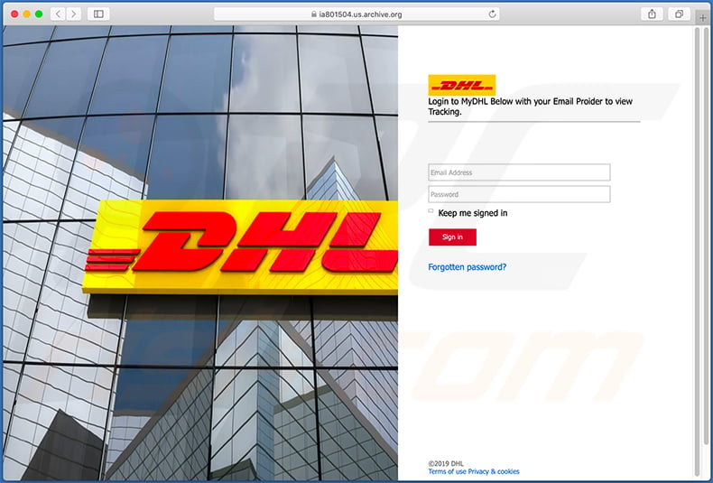 Fake DHL website used for phishing purposes