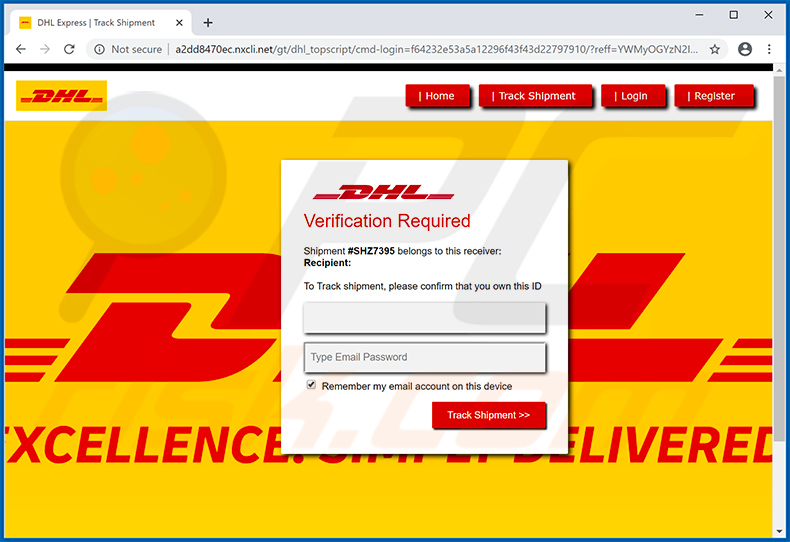 DHL-themed phishing website promoted via spam websites