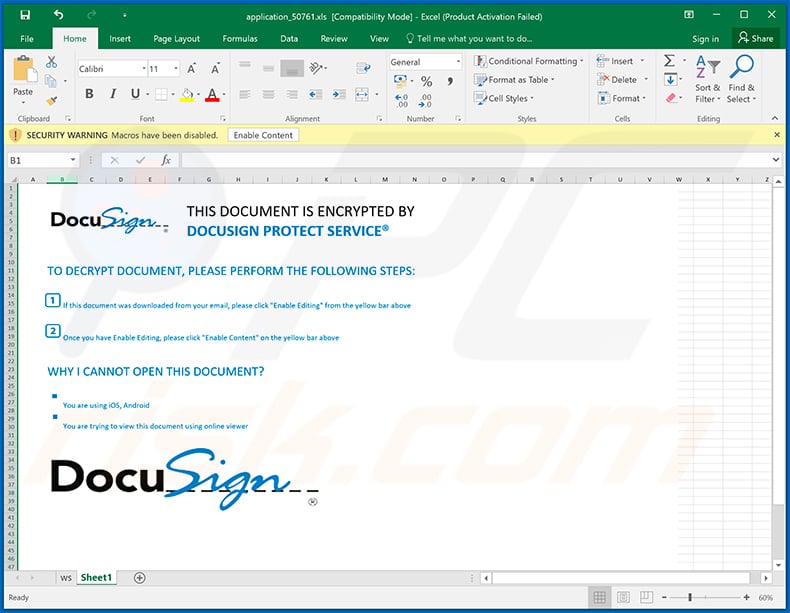 DocuSign-themed MS Excel document used to inject TrickBot into the system (2020-07-13)