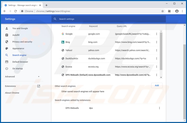 Removing dpswebsafe.com from Google Chrome default search engine