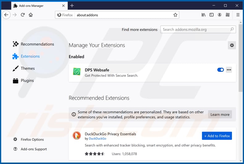 Removing dpswebsafe.com related Mozilla Firefox extensions