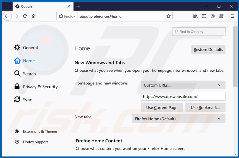 Removing dpswebsafe.com from Mozilla Firefox homepage