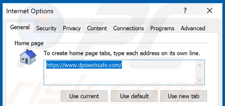 Removing dpswebsafe.com from Internet Explorer homepage