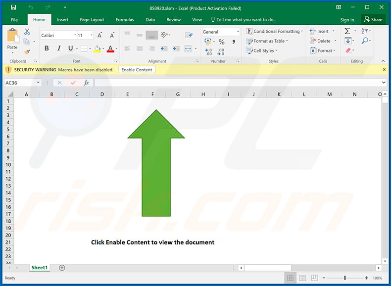 Malicious MS Excel document (858920.xlsm) distributing Dridex malware