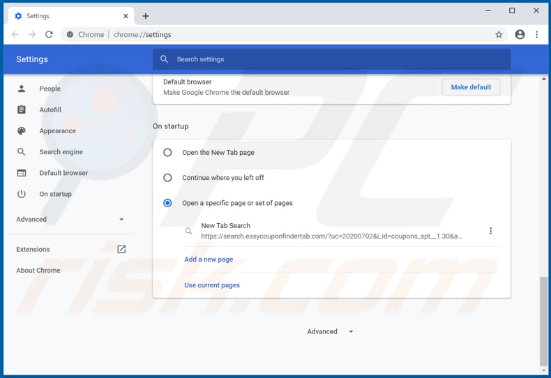 Removing easycouponfindertab.com from Google Chrome homepage