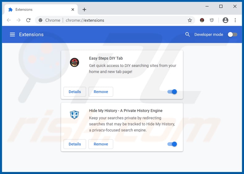 Removing easystepsdiytab.com related Google Chrome extensions