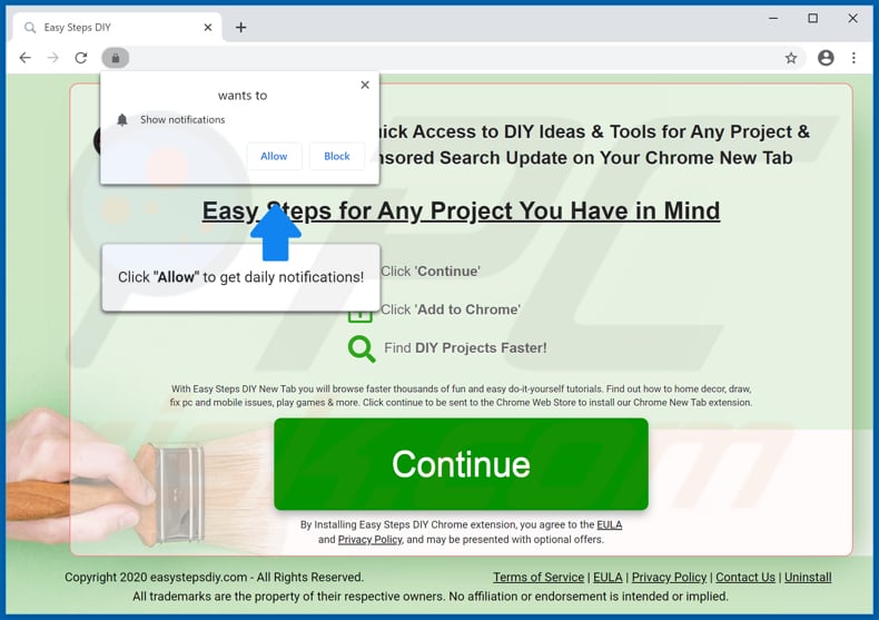 Website used to promote Easy Steps DIY Tab browser hijacker