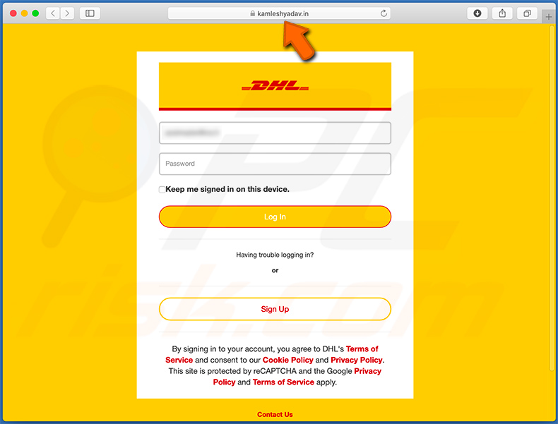 kamleshyadav.in - a fake DHL login site used for phishing purposes