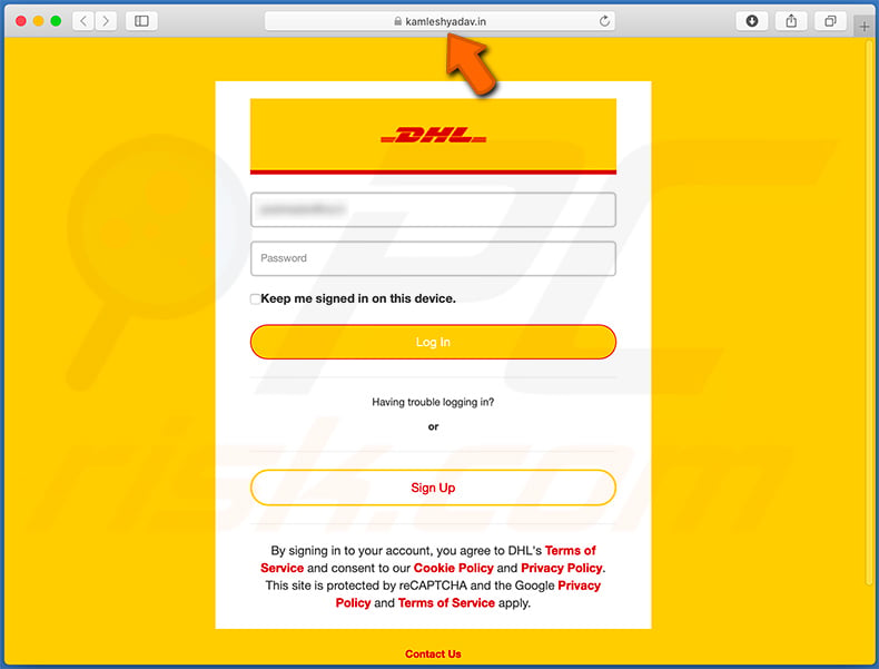 kamleshyadav.in - a fake DHL login site used for phishing purposes