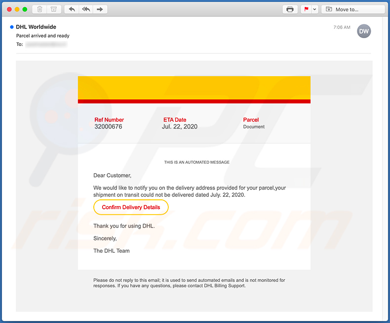 DHL-themed spam email promoting a phishing site (2020-07-24)