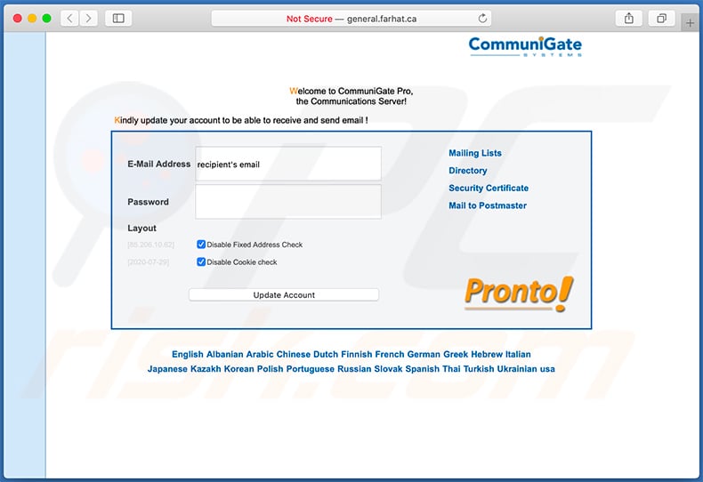 General.farhat.ca phishing website promoted via spam email